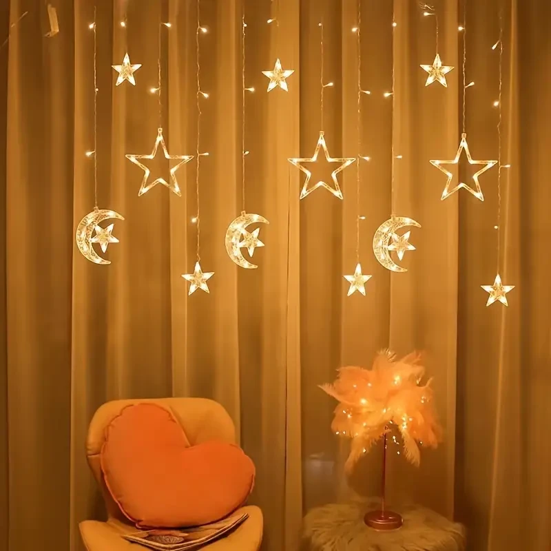 1pack Moon Holding Star Curtain Lights, Warm White LED/ Always On, Star And Moon Lights, Holiday Home Decoration, Colored Lights, Outdoor Waterproof Ice Lights, (No Battery) Images