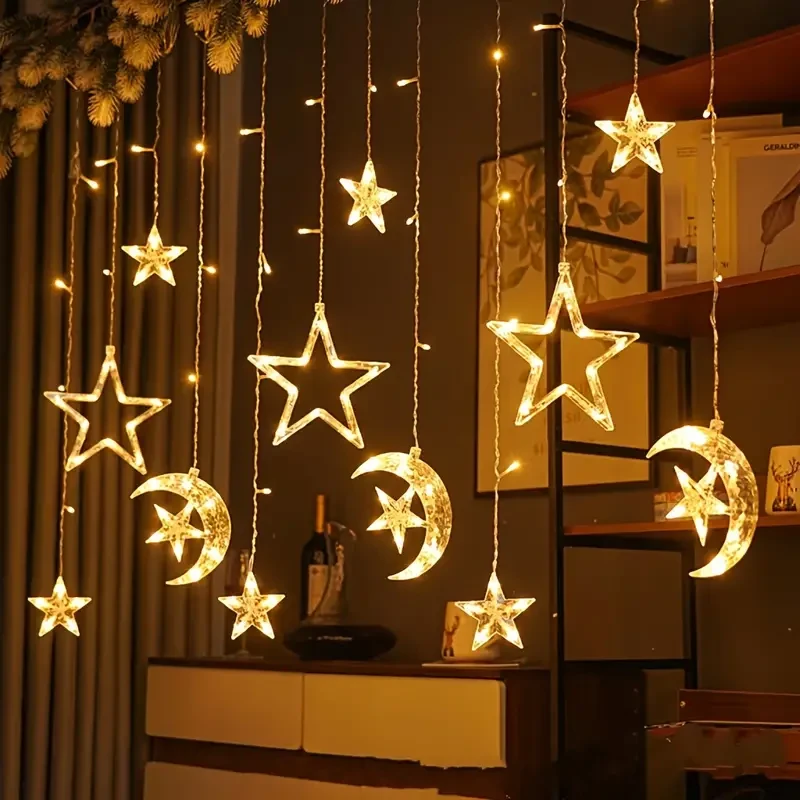 1pack Moon Holding Star Curtain Lights, Warm White LED/ Always On, Star And Moon Lights, Holiday Home Decoration, Colored Lights, Outdoor Waterproof Ice Lights, (No Battery) Images