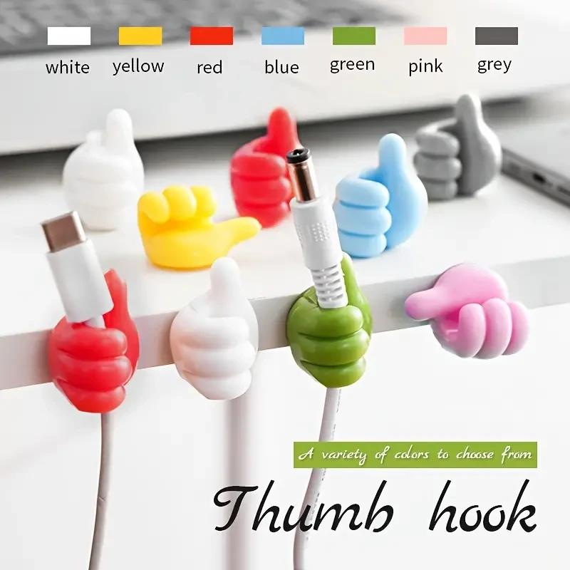 5pcs Thumb Data Cable Hook, Headphone Key Hook, Traceless Punching-free Adhesive Hook, Wall Desktop Storage Artifact For Bedroom Living Room Dorm Office Desk, Random Colors, Home Decor Images